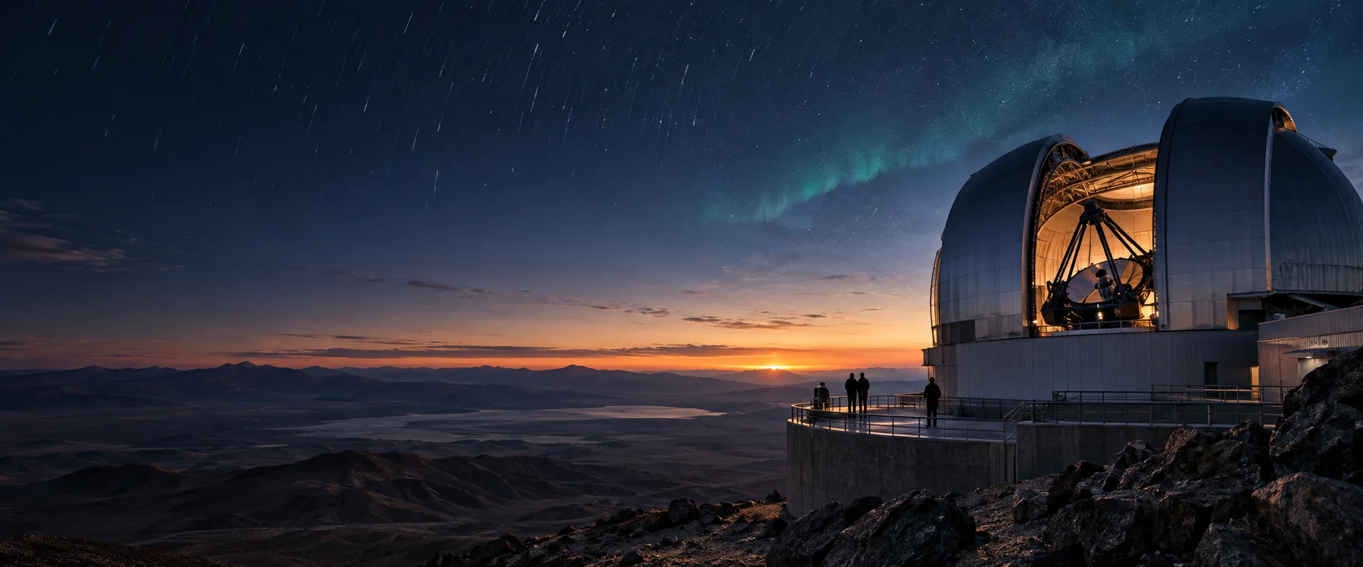 Astronomical observatory overlooking a mountain horizon as night gives way to dawn