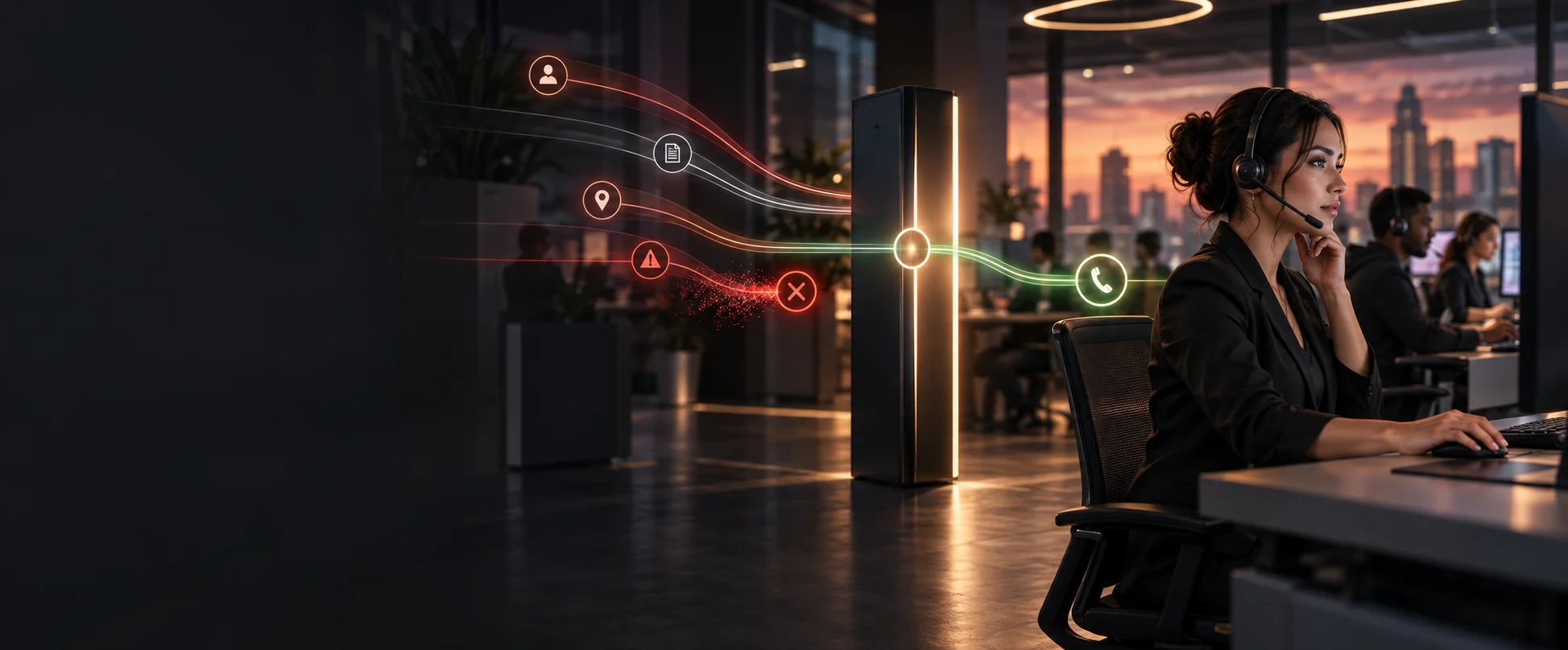 A contact-center workflow applying a compliance checkpoint before an outbound call proceeds