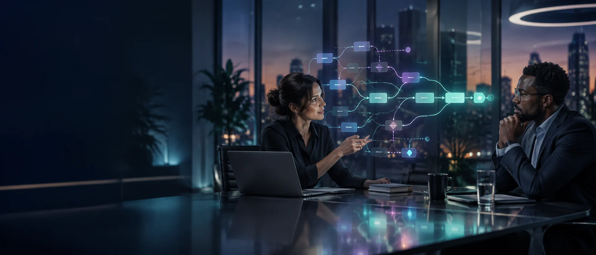 Two enterprise professionals using guided conversation to turn operating knowledge into a clear process flow