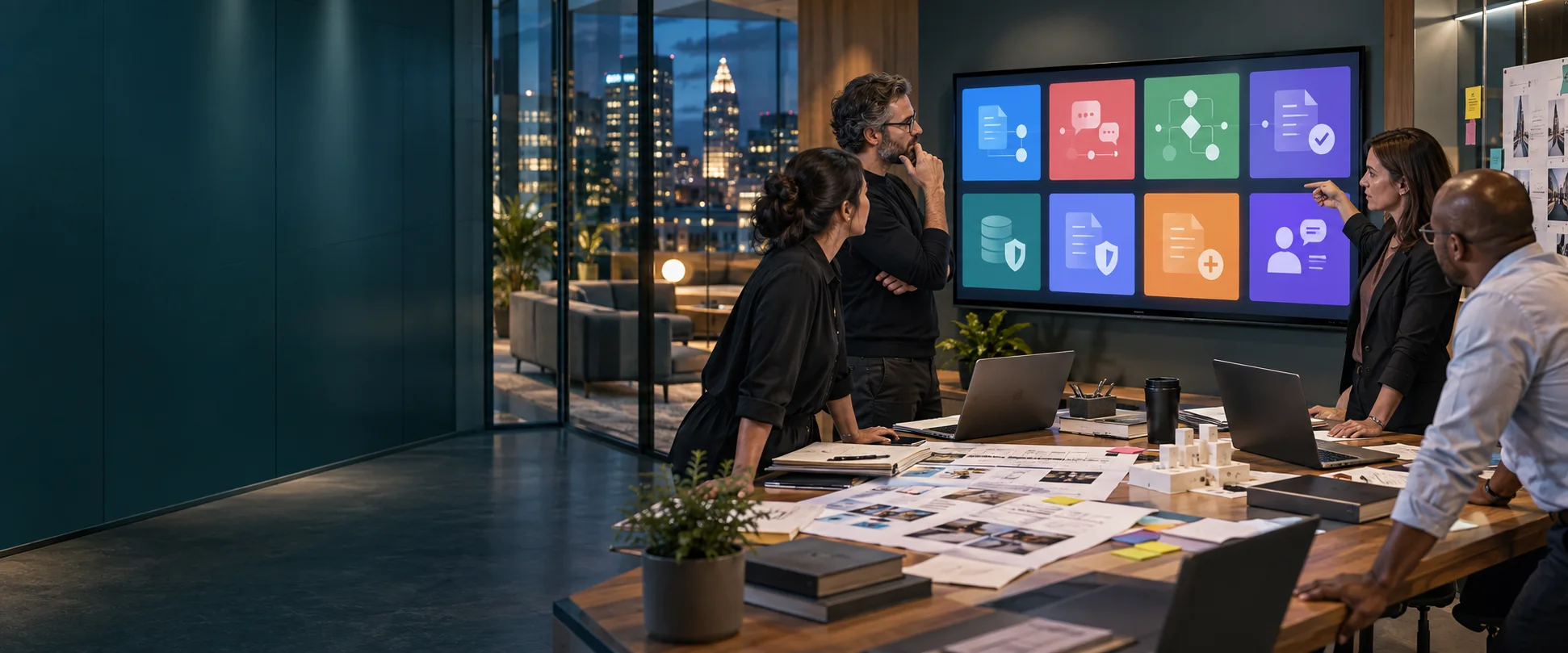 Enterprise product leaders and engineers reviewing a portfolio of focused operational software